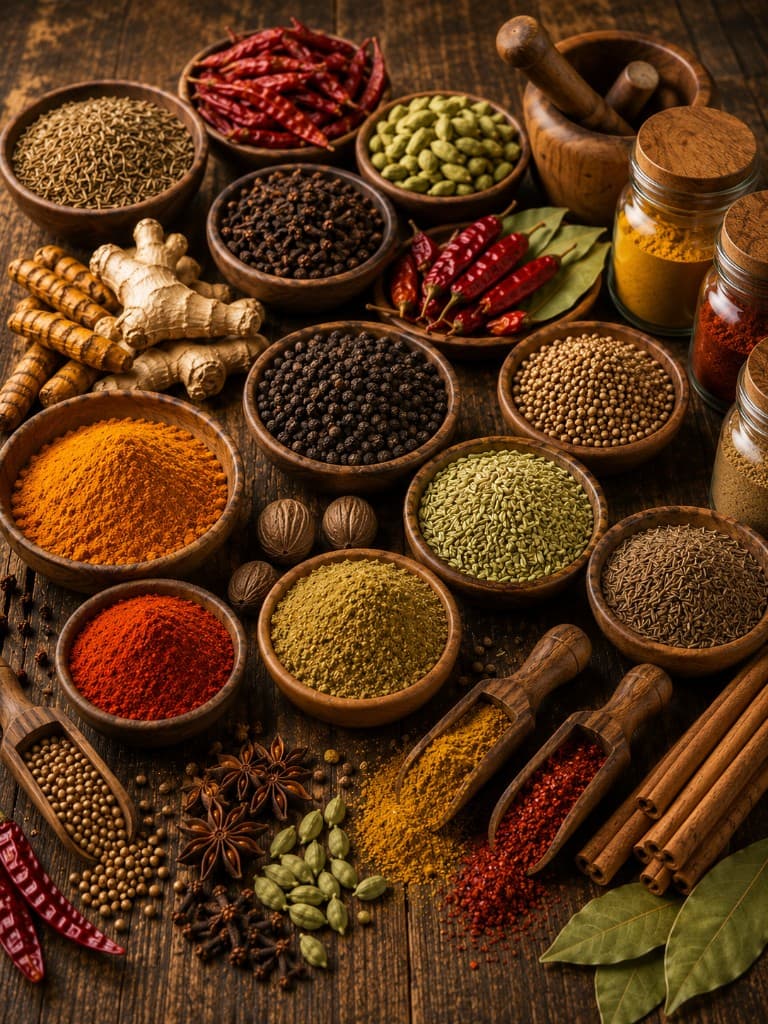 Assorted whole and ground spices arranged on a wooden table