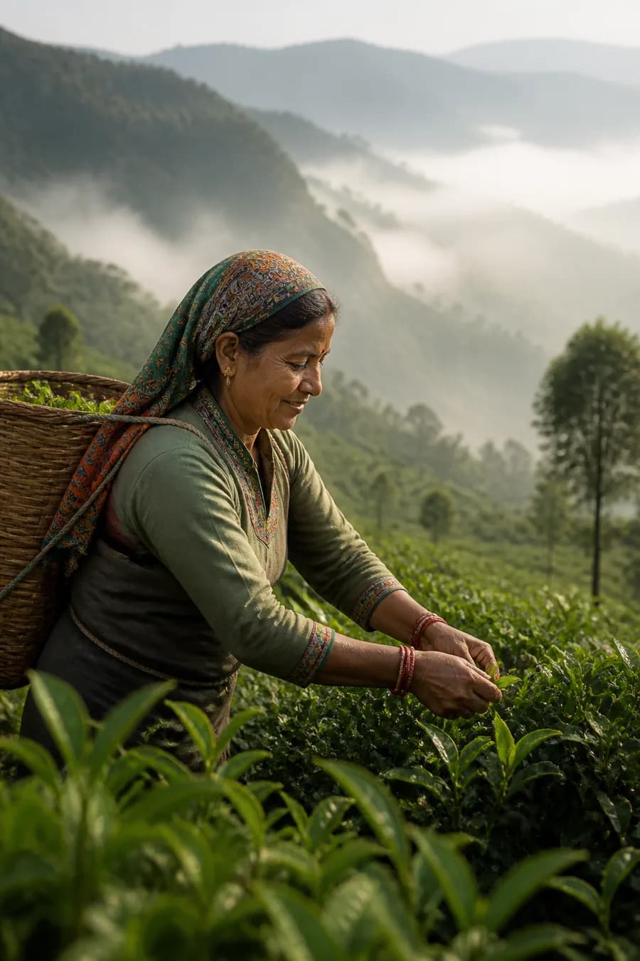 Tea leaves being picked in a tea garden
