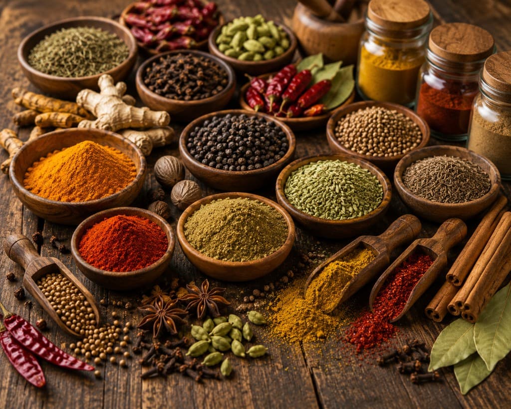 Assorted whole and ground Indian spices on a wooden table