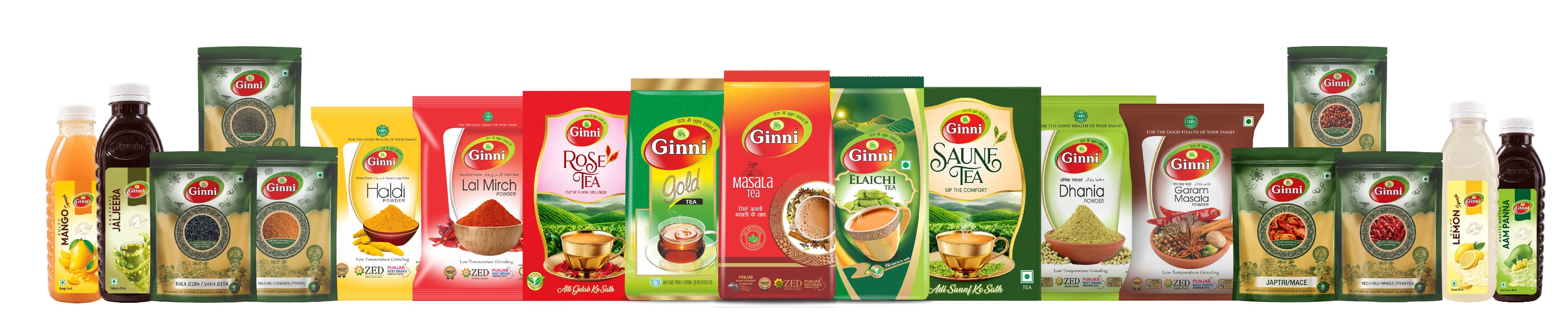 Ginni tea, spice, and squash packs lined up together