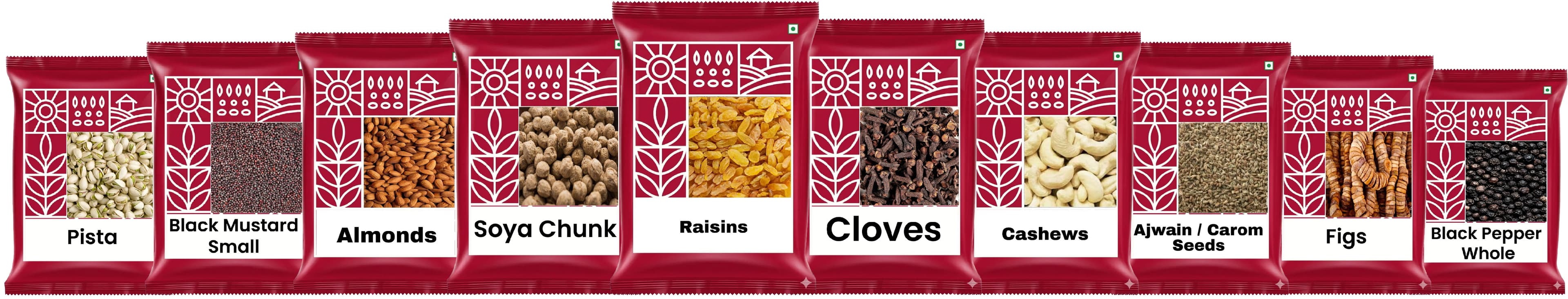 Unbranded grocery packs for pista, mustard, almonds, soya, raisins, cloves, cashews, ajwain, figs, and black pepper