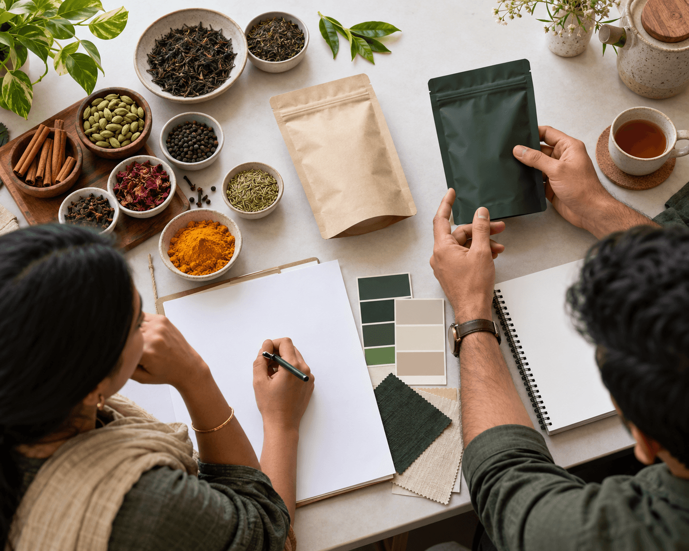 Illustration of a tea and spice product brief being discussed