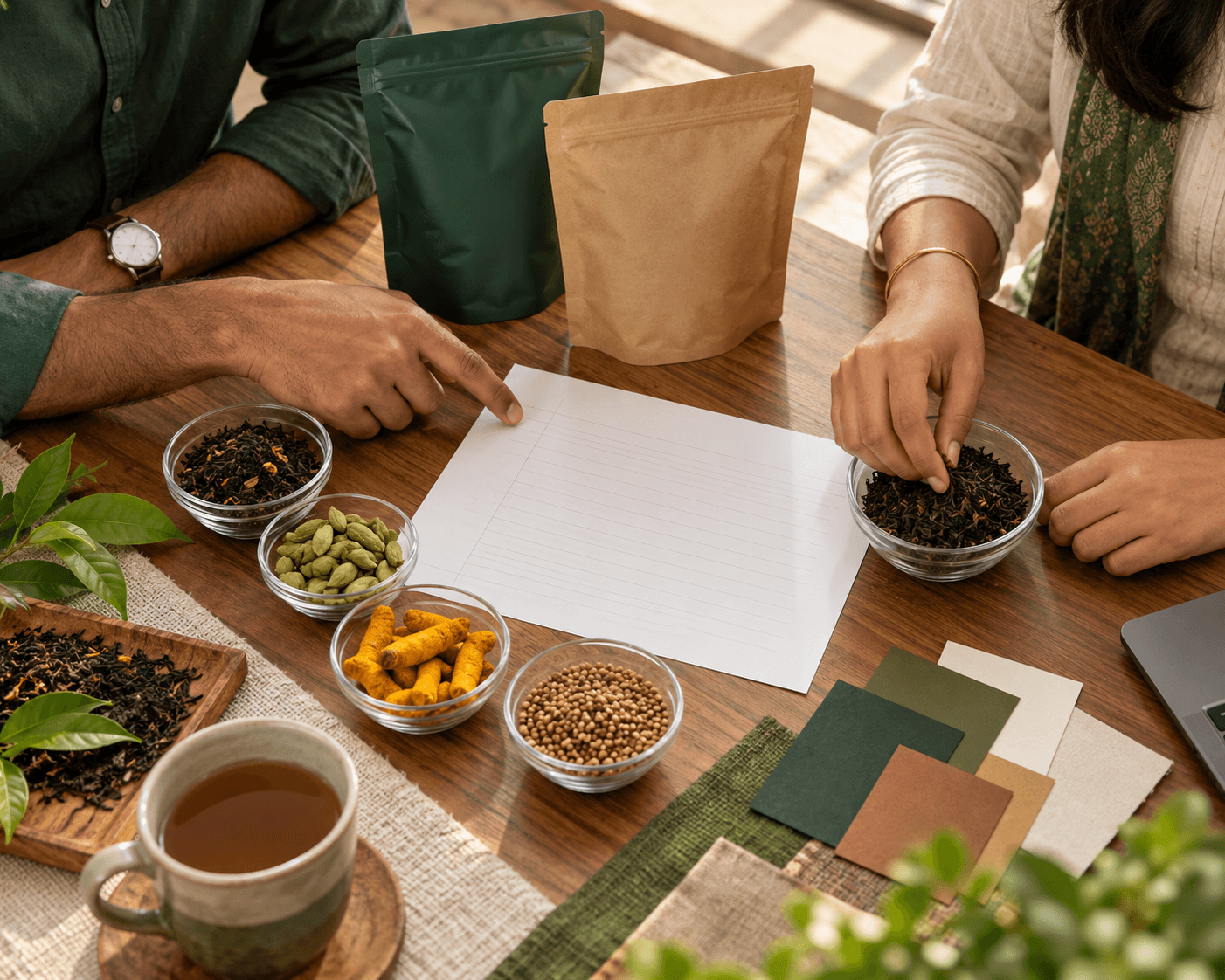 Illustration of plain pouch prototypes, ingredient samples, and colour choices