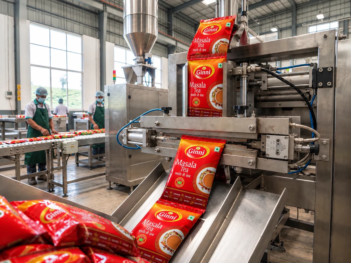 Ginni Masala Tea packs on the packaging line