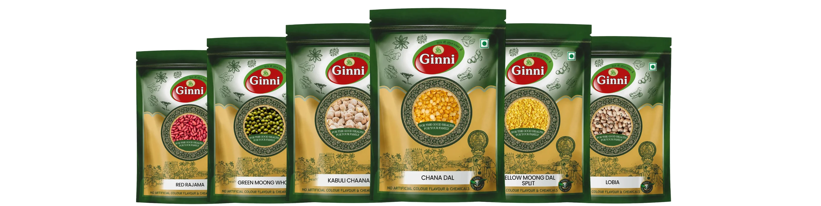 Ginni pulse packs including red rajma, green moong, kabuli chana, chana dal, yellow moong dal, and lobia