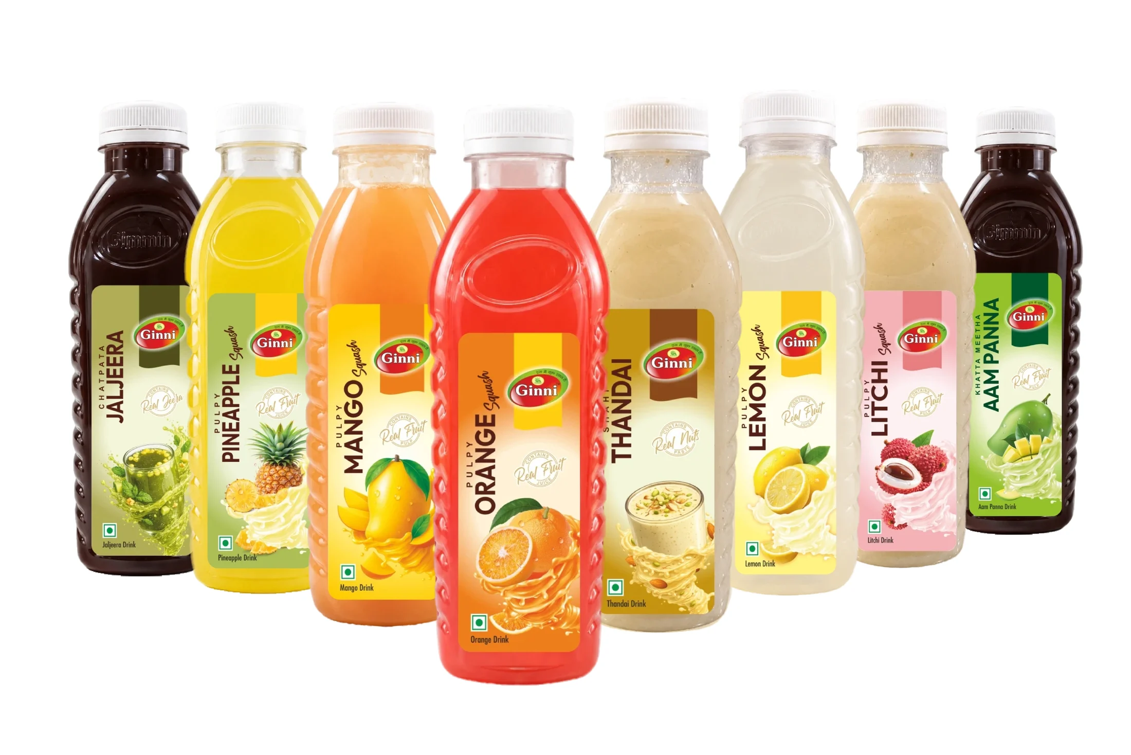 Ginni squash bottles including jaljeera, pineapple, mango, orange, thandai, lemon, litchi, and aam panna