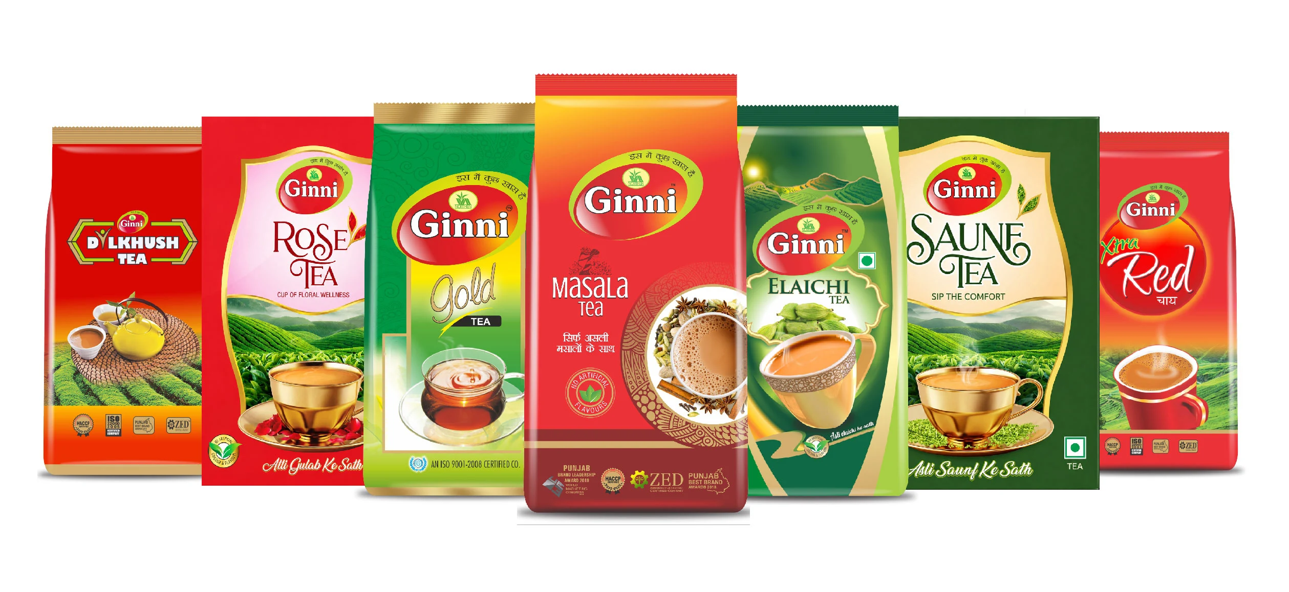 Ginni tea packs including Dilkhush, Rose, Gold, Masala, Elaichi, Saunf, and Xtra Red