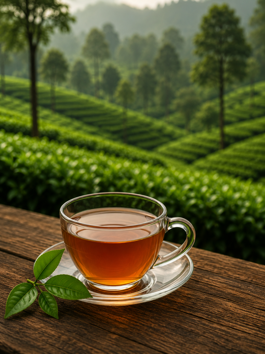 A glass cup of freshly brewed tea on a wooden table beside a tea garden
