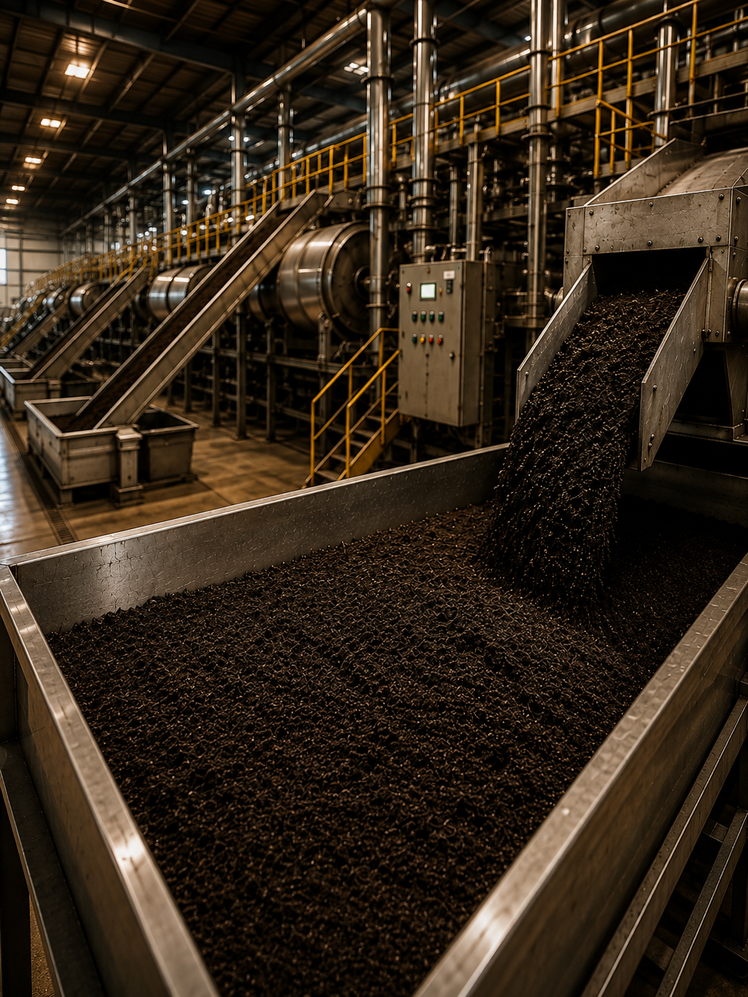 Tea processing factory floor with machinery and conveyor belts