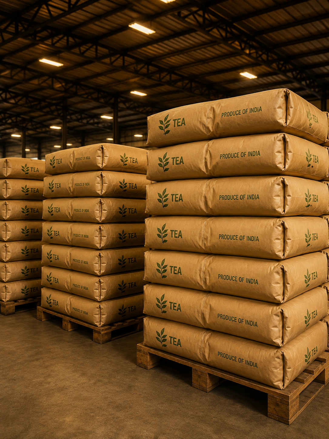 Stacked tea bags in a warehouse ready for retail
