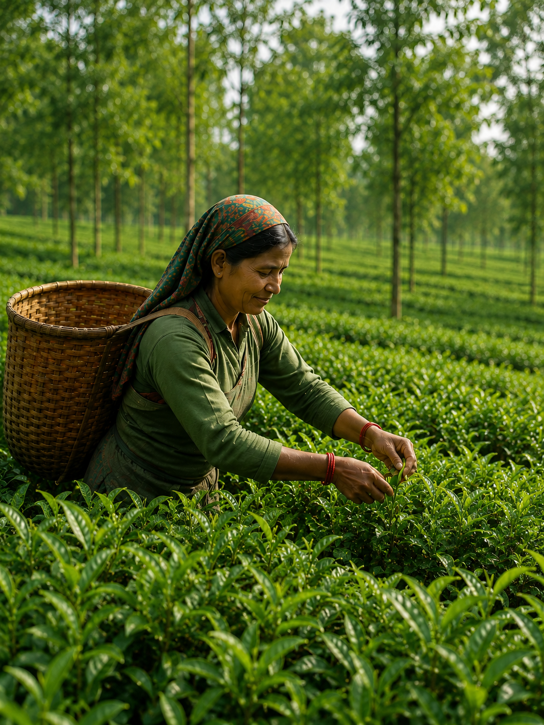 A tea picker carefully harvesting leaves in a lush green garden